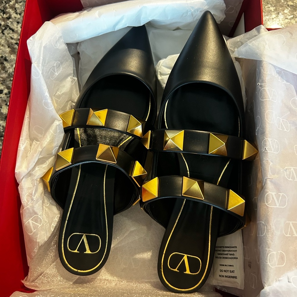 Valentino Black and Gold Studded Mules